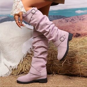 Chic Women's Knee High Boots-Double Buckle Detail - Slip-On Chunky Heel Design